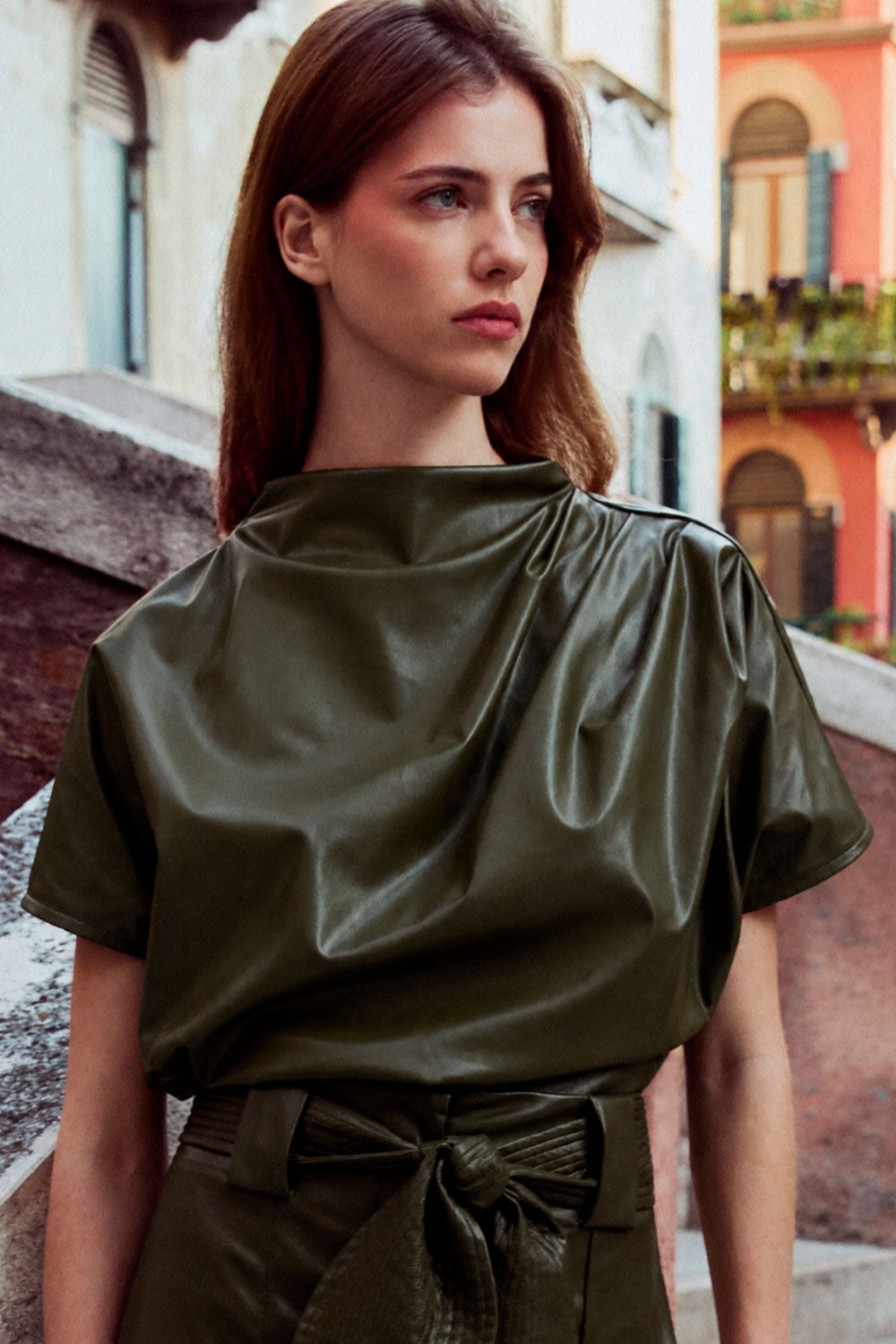 New Aura Faux Leather Blouse Moss Green